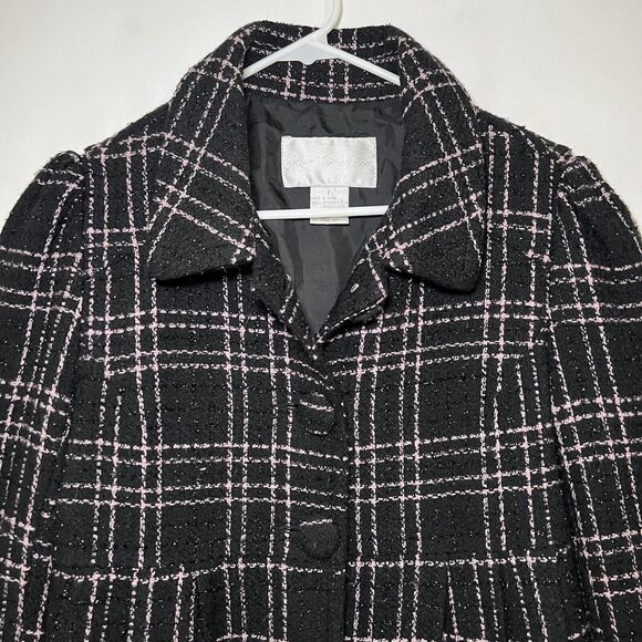 BB Dakota Pea Coat Womens Size Large Black Pink Plaid Two Button Front Acrylic - Picture 2 of 11